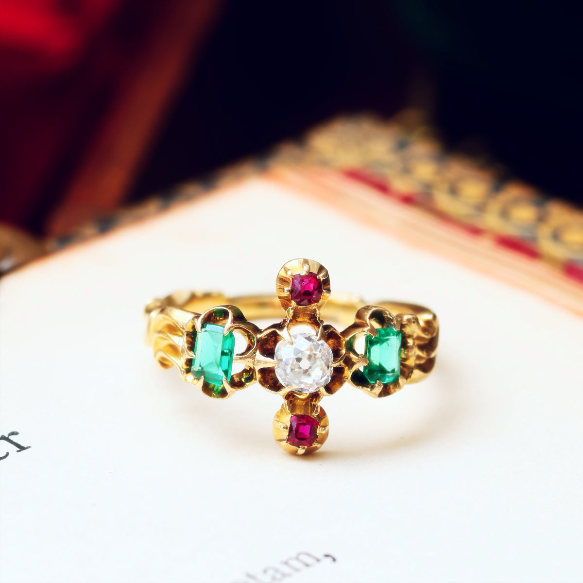 Rare 18th Century Georgian Diamond, Ruby & Emerald Ring