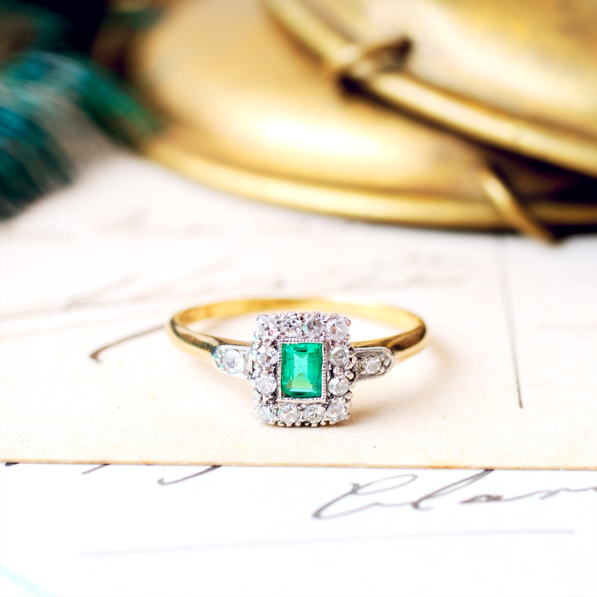 Art Deco 18ct Gold Emerald & Diamond Cluster Ring