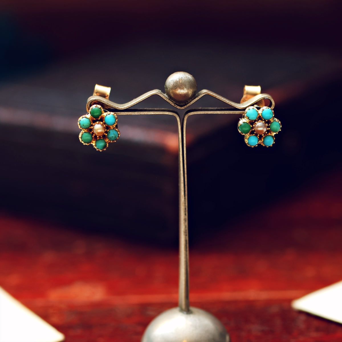 Turquoise & Seed Pearl Forget Me Not Earrings