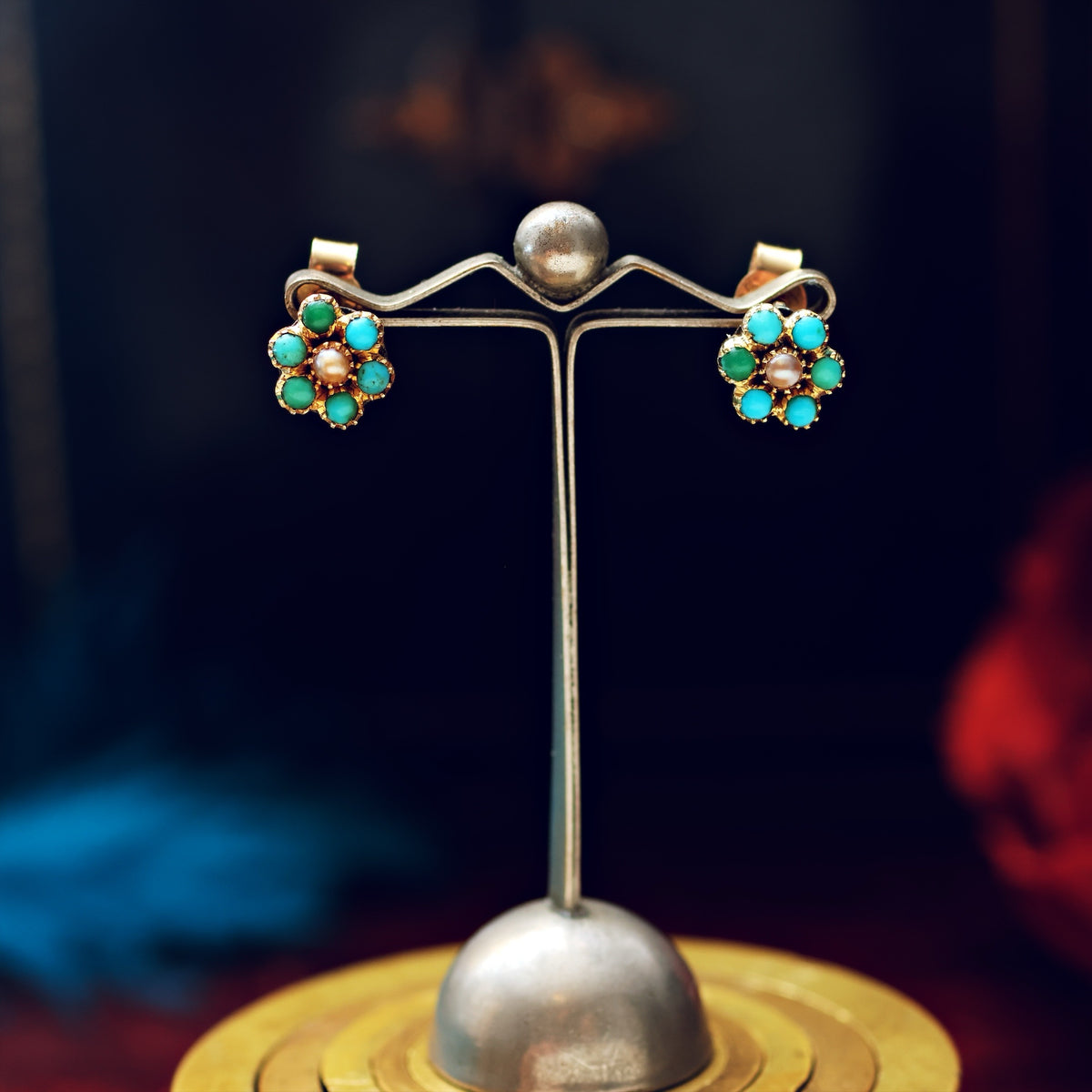 Antique Turquoise & Seed Pearl Forget Me Not Earrings