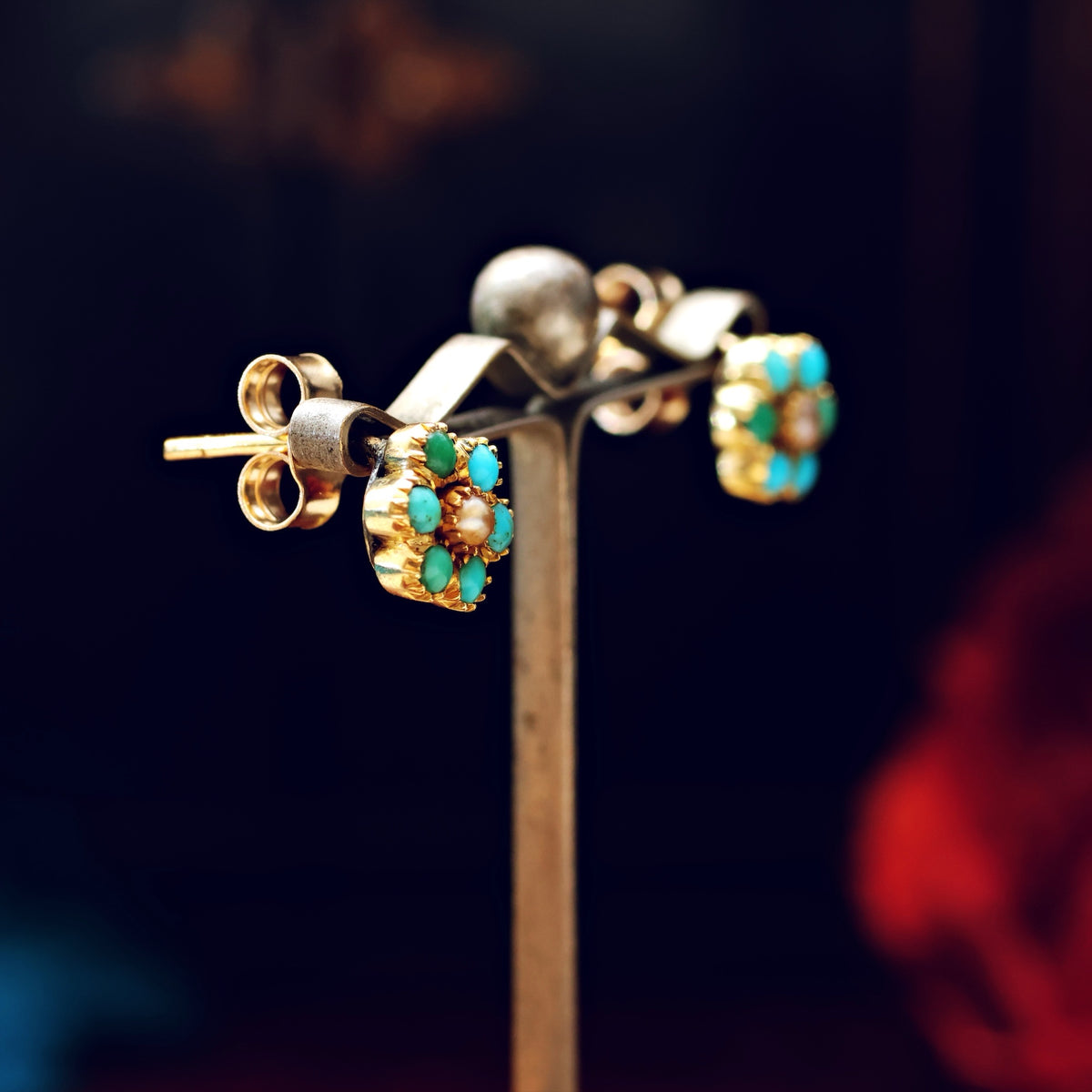 Antique Turquoise & Seed Pearl Forget Me Not Earrings