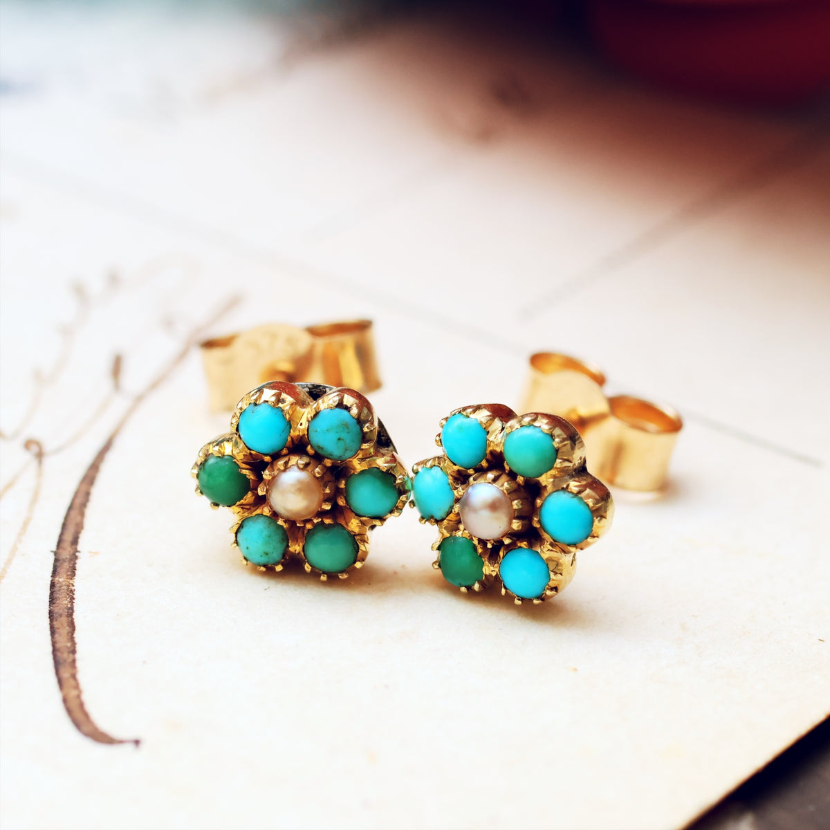 Antique Turquoise & Seed Pearl Forget Me Not Earrings