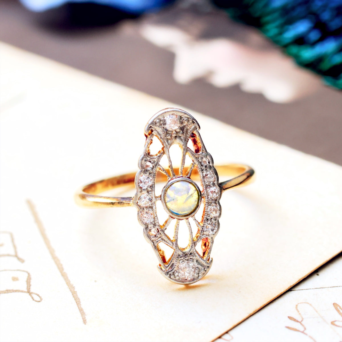 Antique Filigree Opal & Diamond Panel Ring