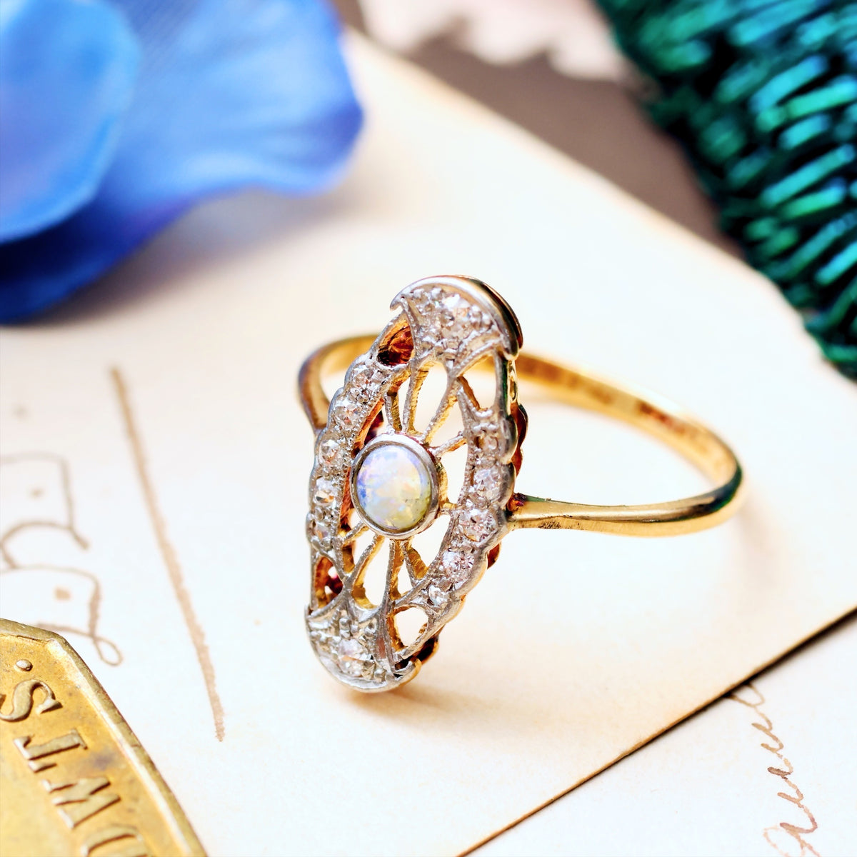 True Delight! An Antique Filigree Opal & Diamond Panel Ring