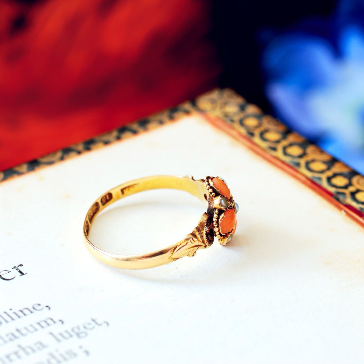 Date 1876 Coral & Seed Pearl Flowerette Ring