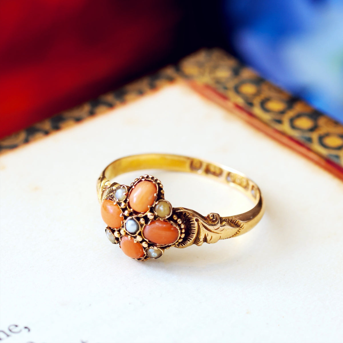 Date 1876 Coral & Seed Pearl Flowerette Ring