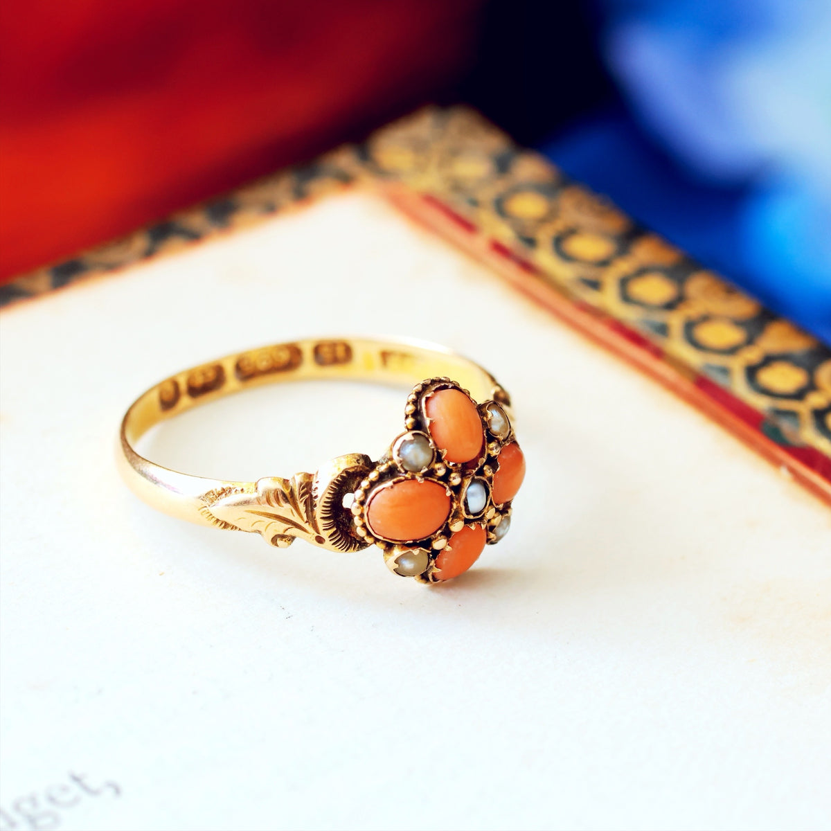 Date 1876 Coral & Seed Pearl Flowerette Ring