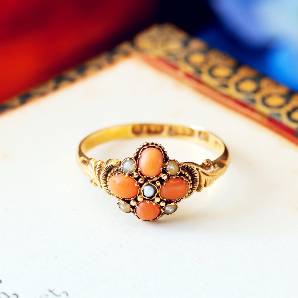 Date 1876 Coral & Seed Pearl Flowerette Ring