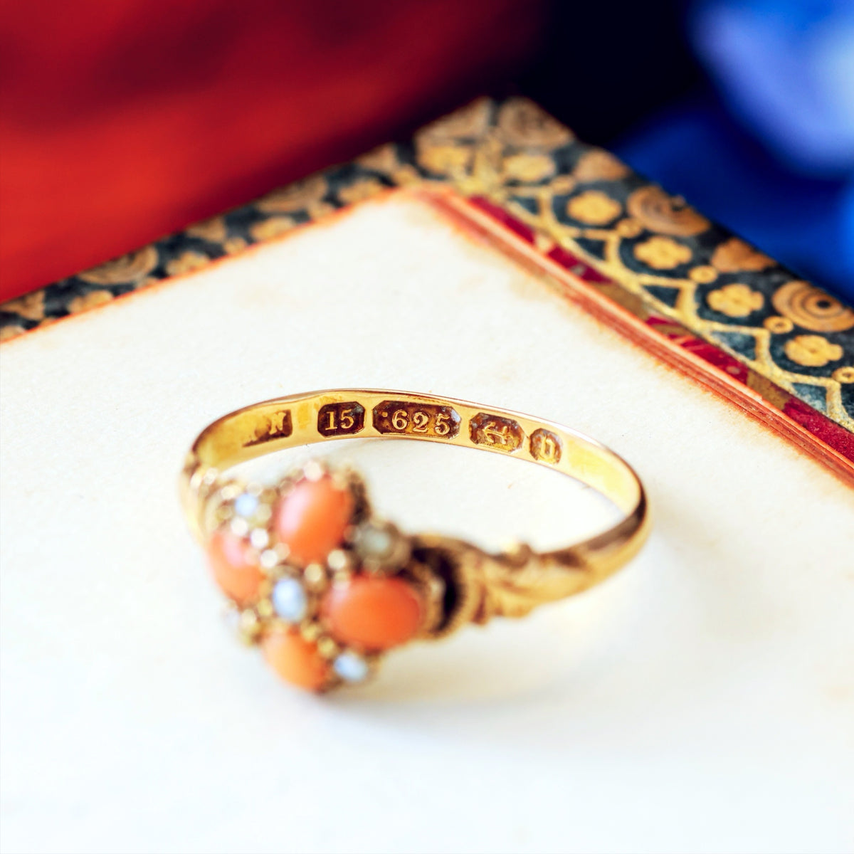 Date 1876 Coral & Seed Pearl Flowerette Ring