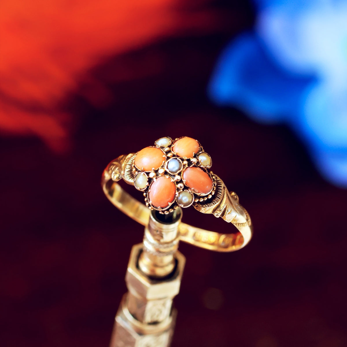 Date 1876 Coral & Seed Pearl Flowerette Ring