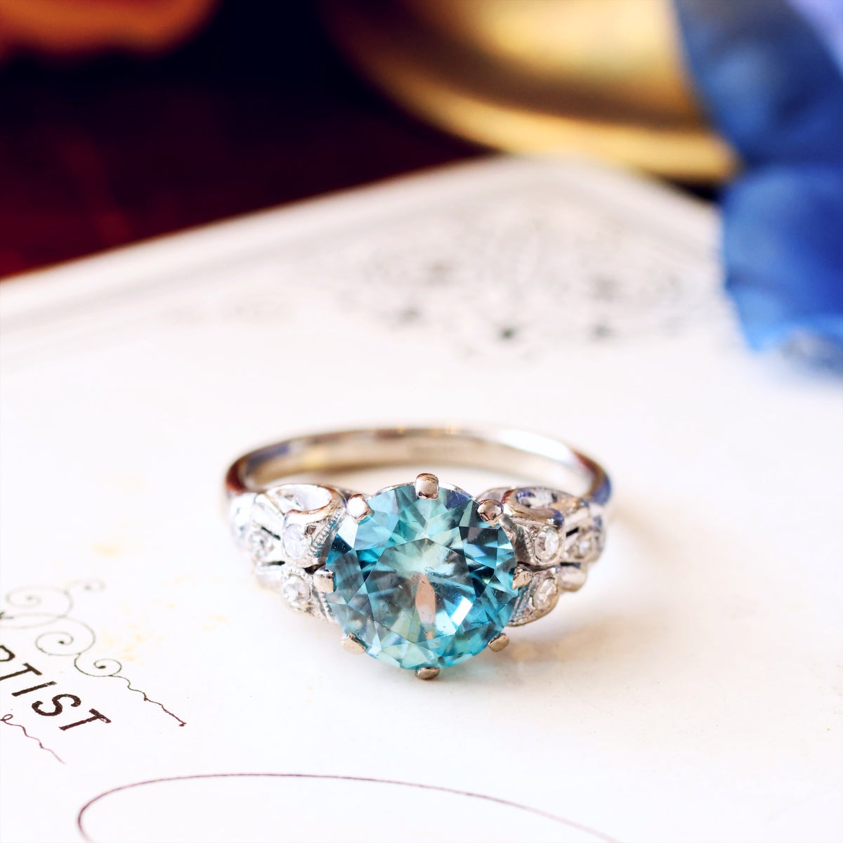 Vintage Art Deco Starlight Blue Zircon Ring