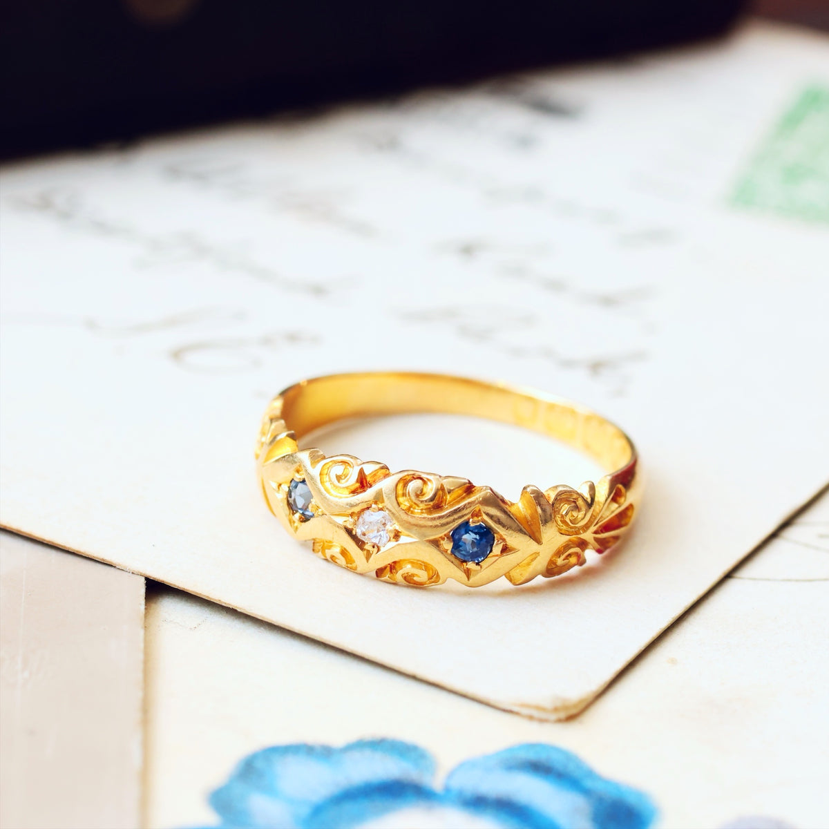 Decorative Date 1895 Sapphire & Diamond Band Ring