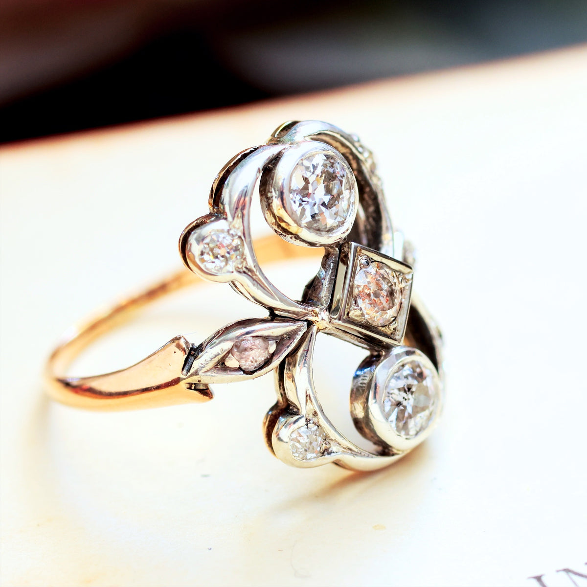 Romantic Vintage Art Nouveau Diamond Panel Ring