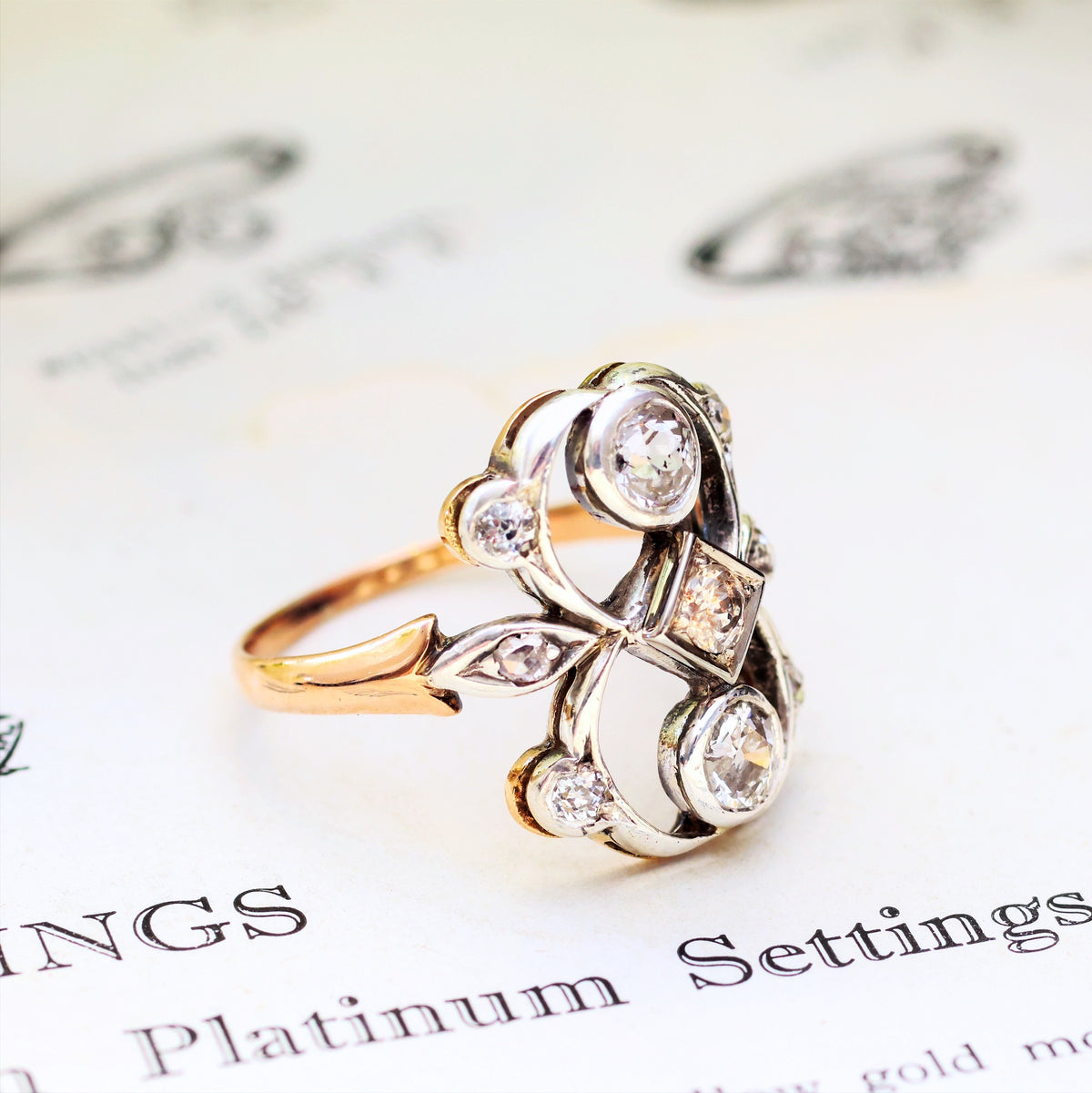 Romantic Vintage Art Nouveau Diamond Panel Ring