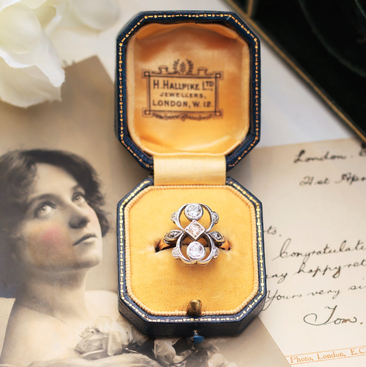 Romantic Vintage Art Nouveau Diamond Panel Ring