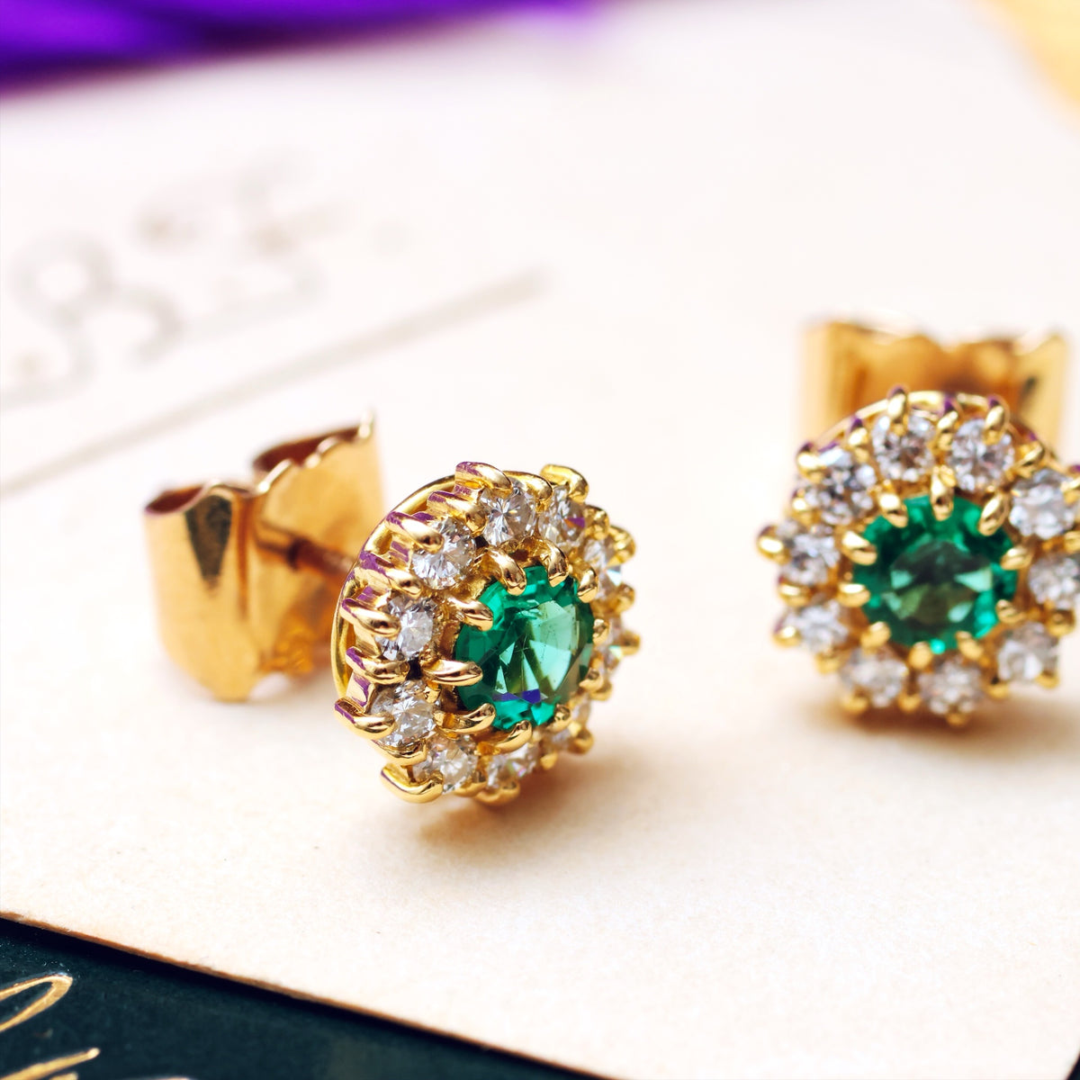 Fabulous Vintage Date 1981 Emerald & Diamond Earrings