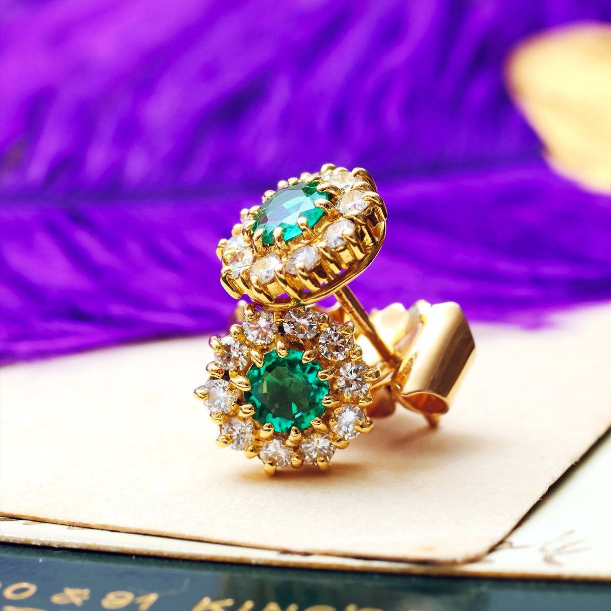 Fabulous Vintage Date 1981 Emerald & Diamond Earrings