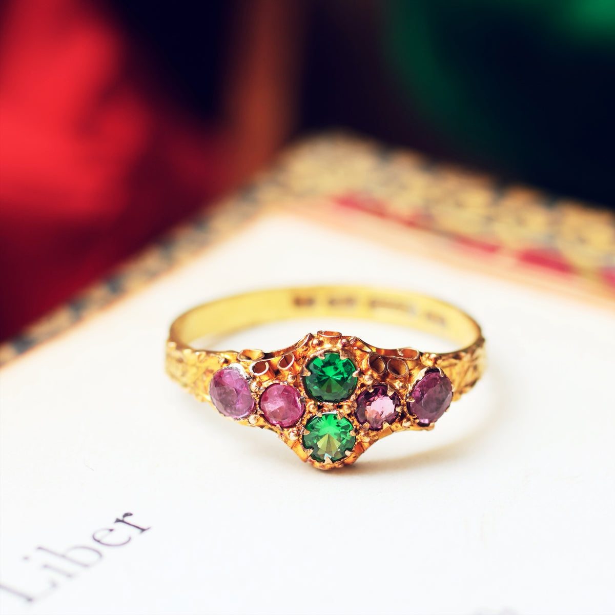 Antique Date 1872 Green Garnet & Ruby Dress Ring