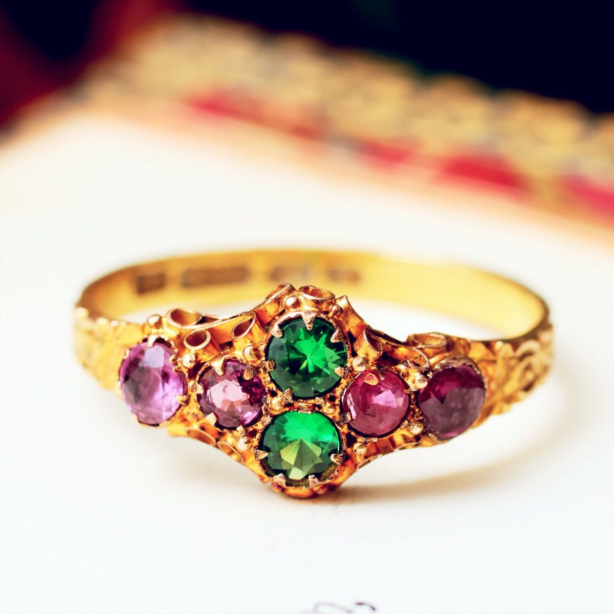 Antique Date 1872 Green Garnet & Ruby Dress Ring