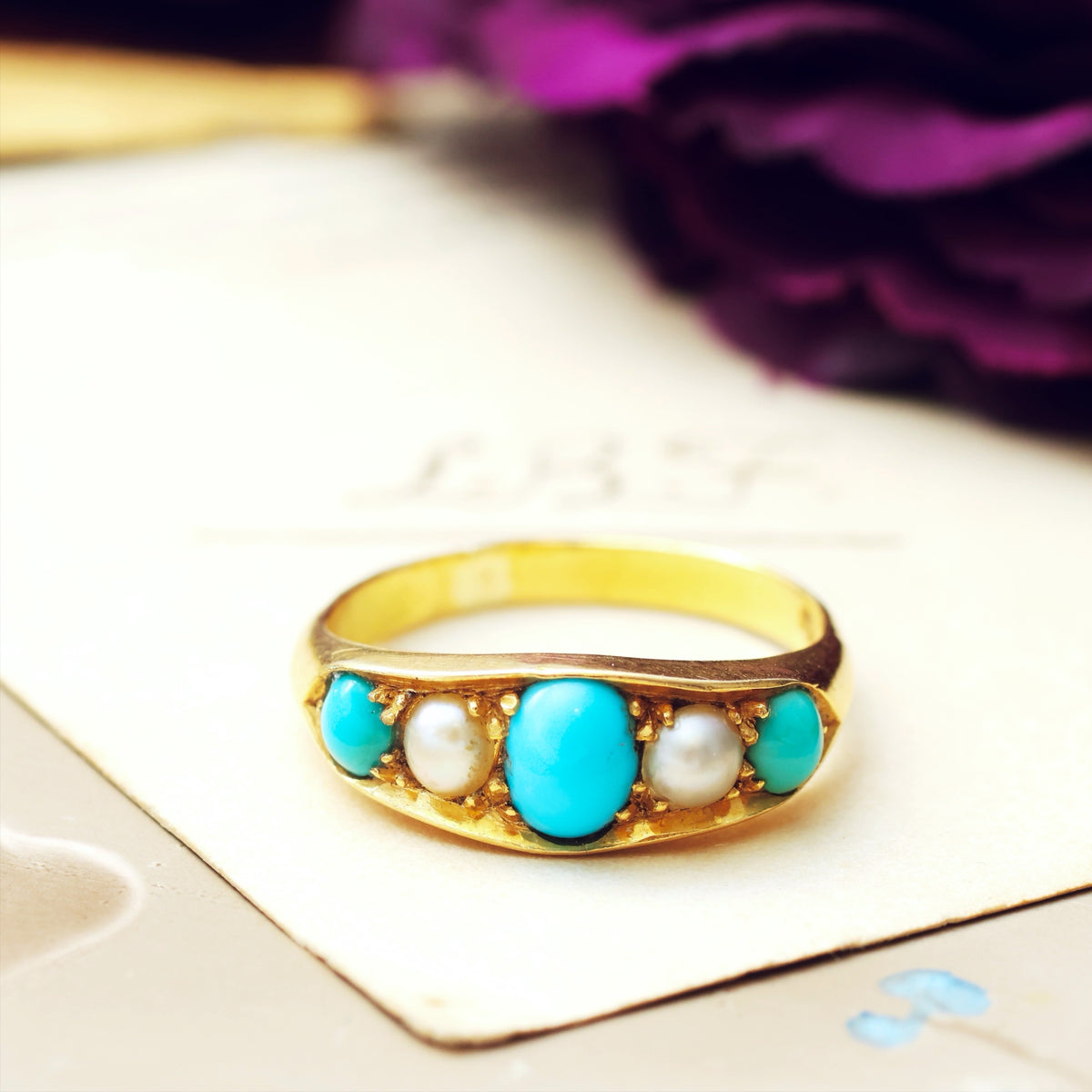 Antique Edwardian Persian Turquoise & Wild Pearl Ring