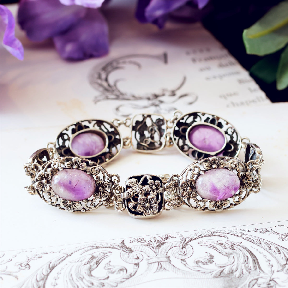 Antique Arts & Crafts Amethyst Silver Bracelet