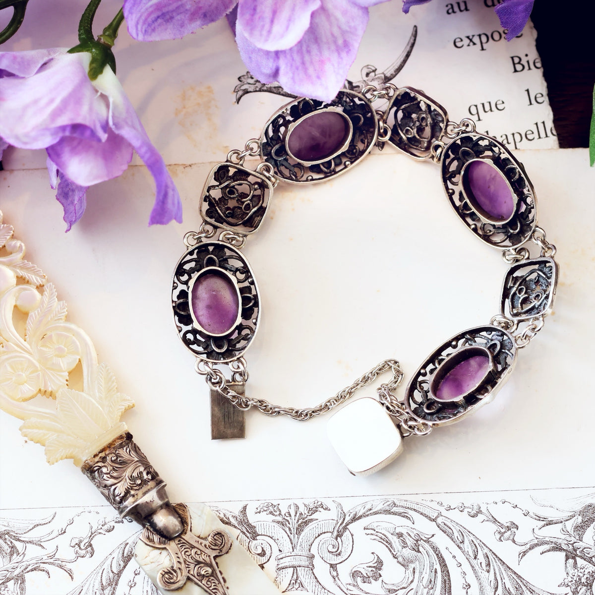 Vintage Date 1952 Arts & Crafts Amethyst Silver Bracelet