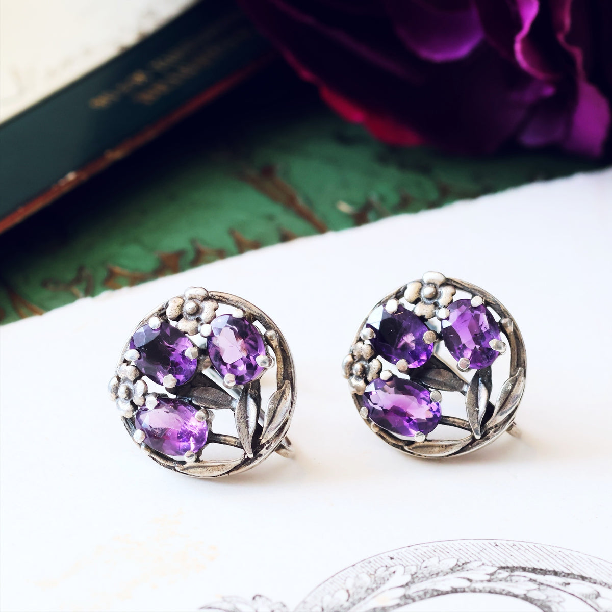 Vintage Arts & Crafts Silver Amethyst Earrings