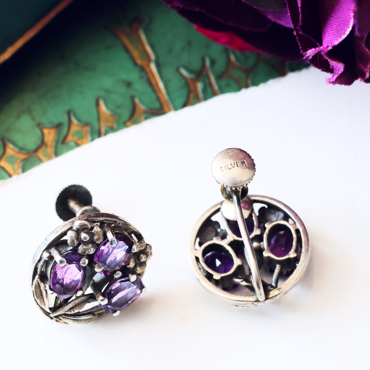 Vintage Arts & Crafts Silver Amethyst Earrings