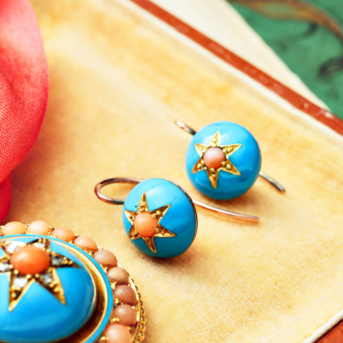 Antique Victorian Coral, Enamel and Diamond Locket & Earrings