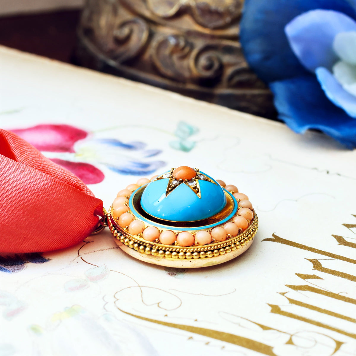 Antique Victorian Coral, Enamel and Diamond Locket & Earrings