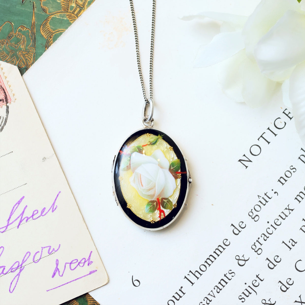 Antique White Rose Enamel Silver Locket