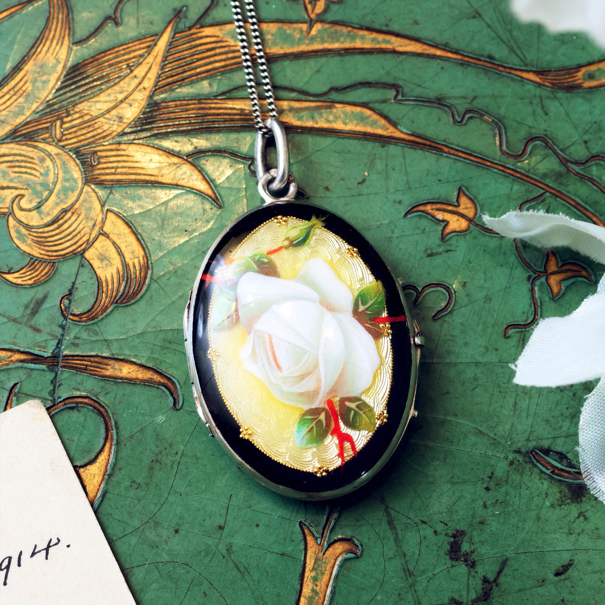 Antique White Rose Enamel Silver Locket