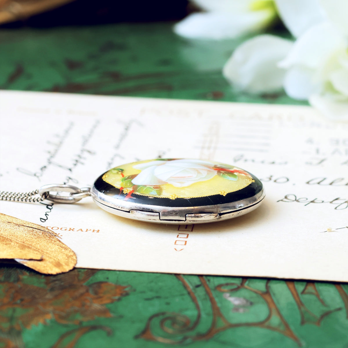 Antique White Rose Enamel Silver Locket