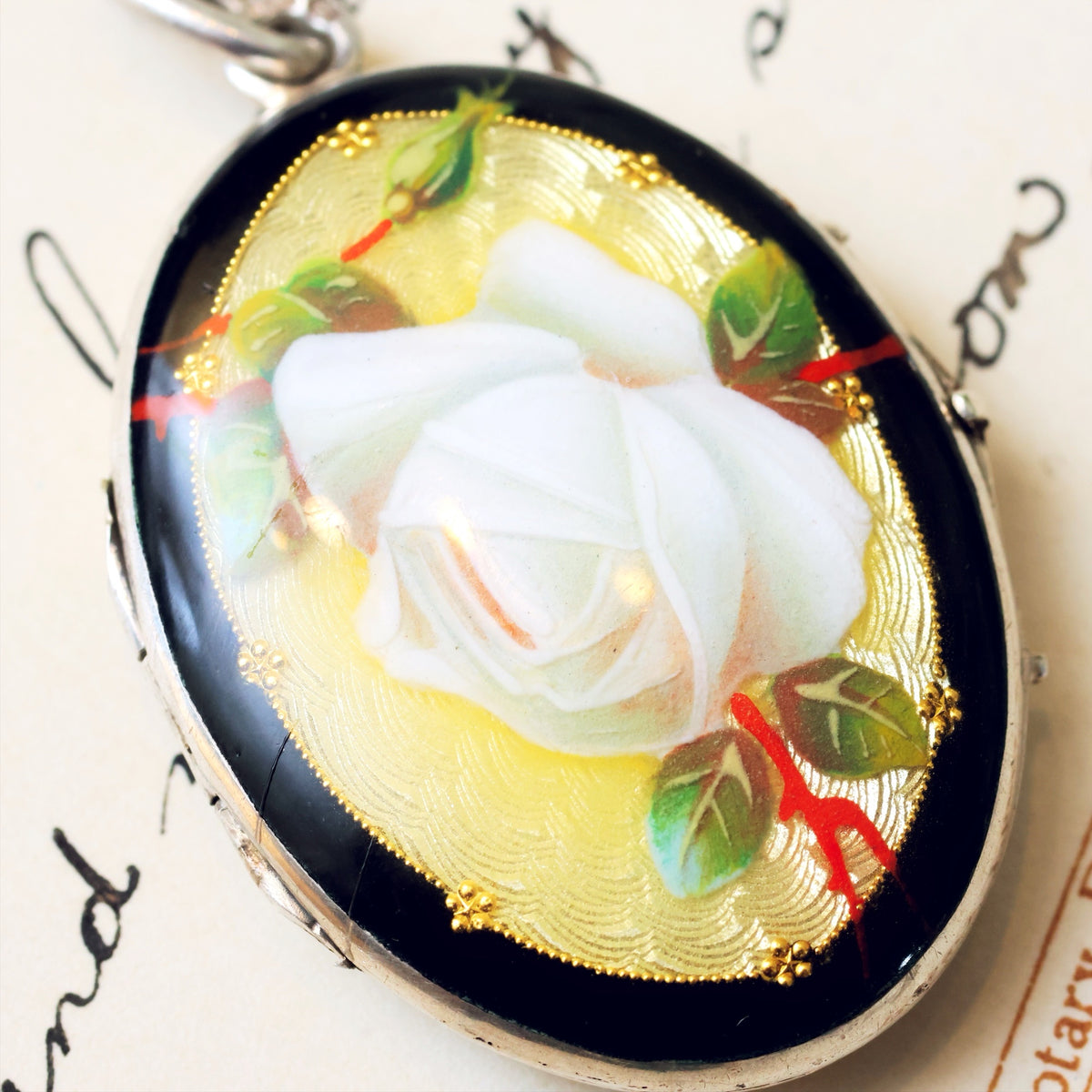 Antique White Rose Enamel Silver Locket