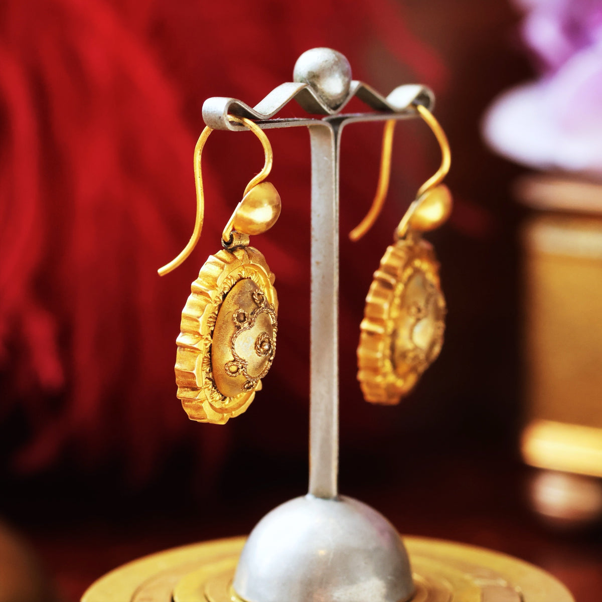 Antique Pinchbeck Etruscan Revival Drop Earrings