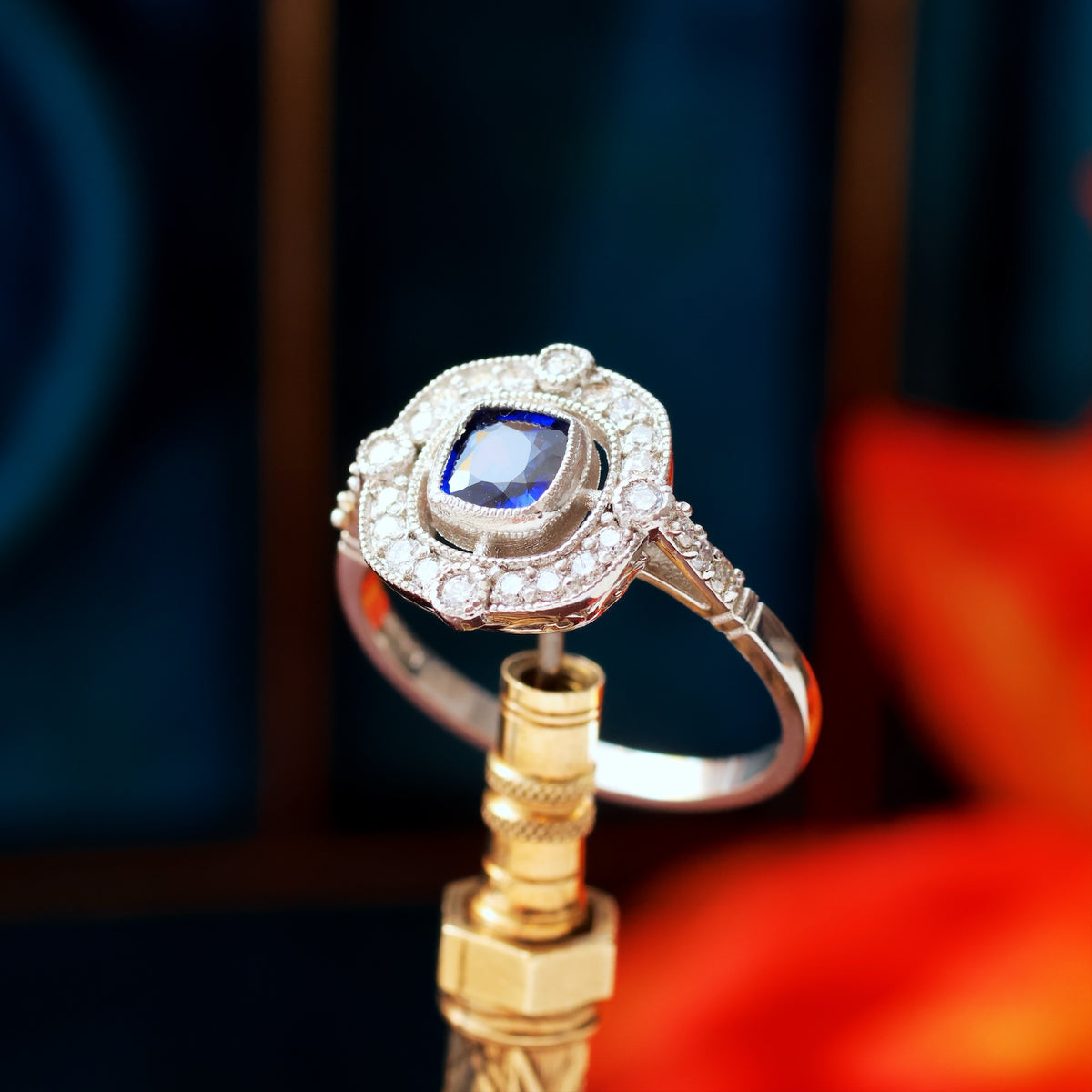 Striking Art Deco Style Sapphire & Diamond Cluster Ring