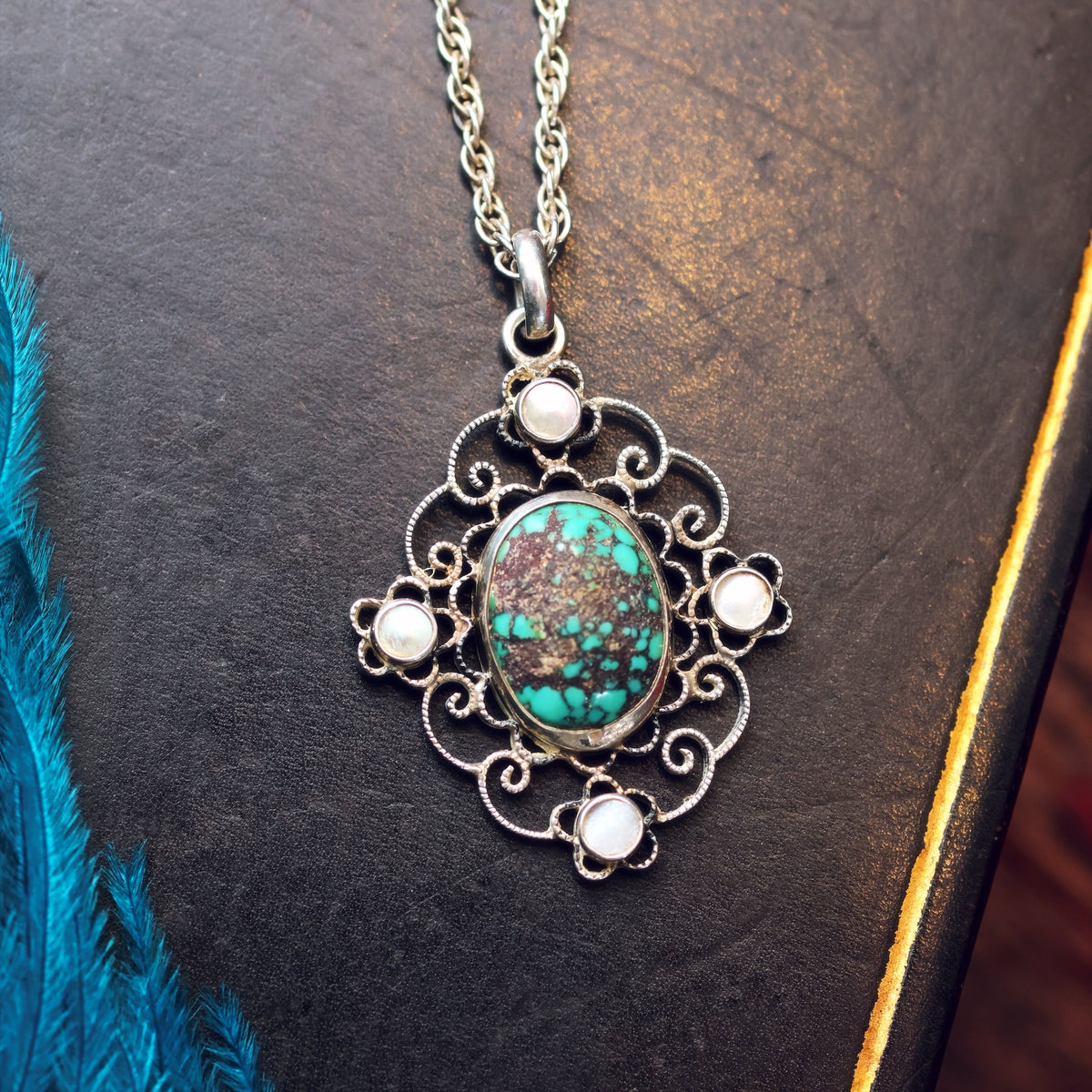 Antique Continental Filigree Turquoise Pendant