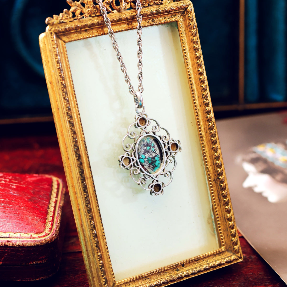 Exquisite Antique Continental Filigree Turquoise Pendant