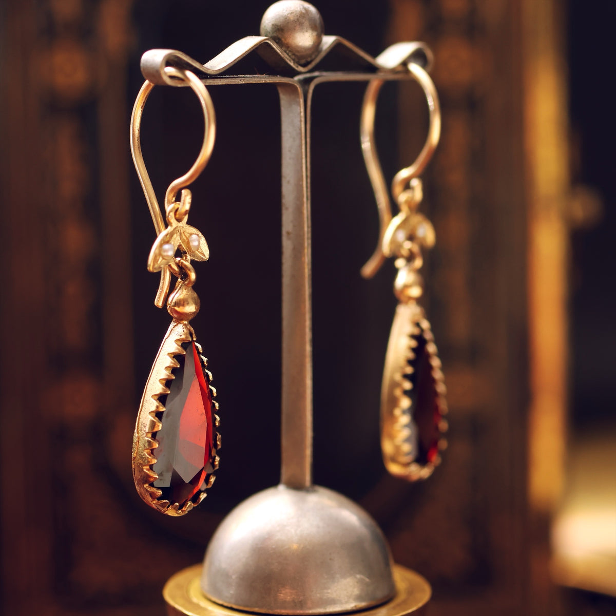 Vintage Pear Cut Garnet & Seed Pearl Earrings