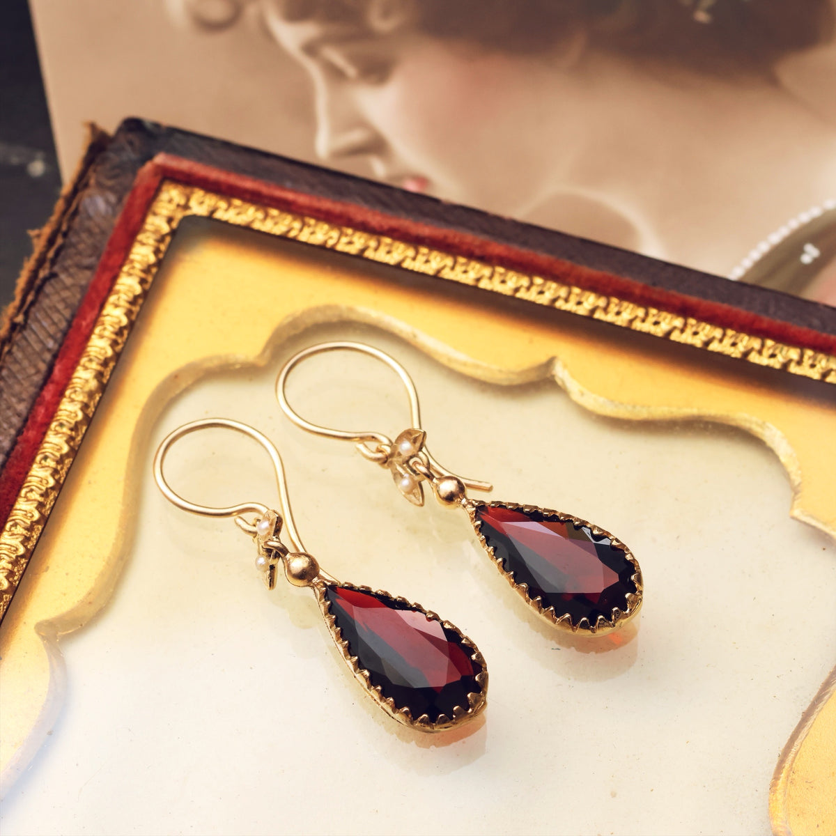 Vintage Pear Cut Garnet & Seed Pearl Earrings