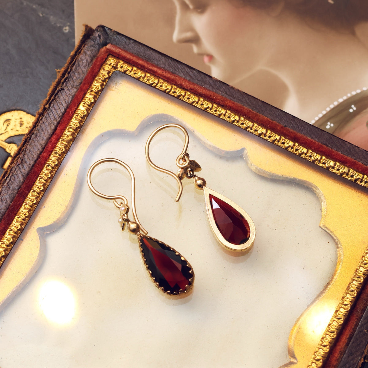 Vintage Pear Cut Garnet & Seed Pearl Earrings