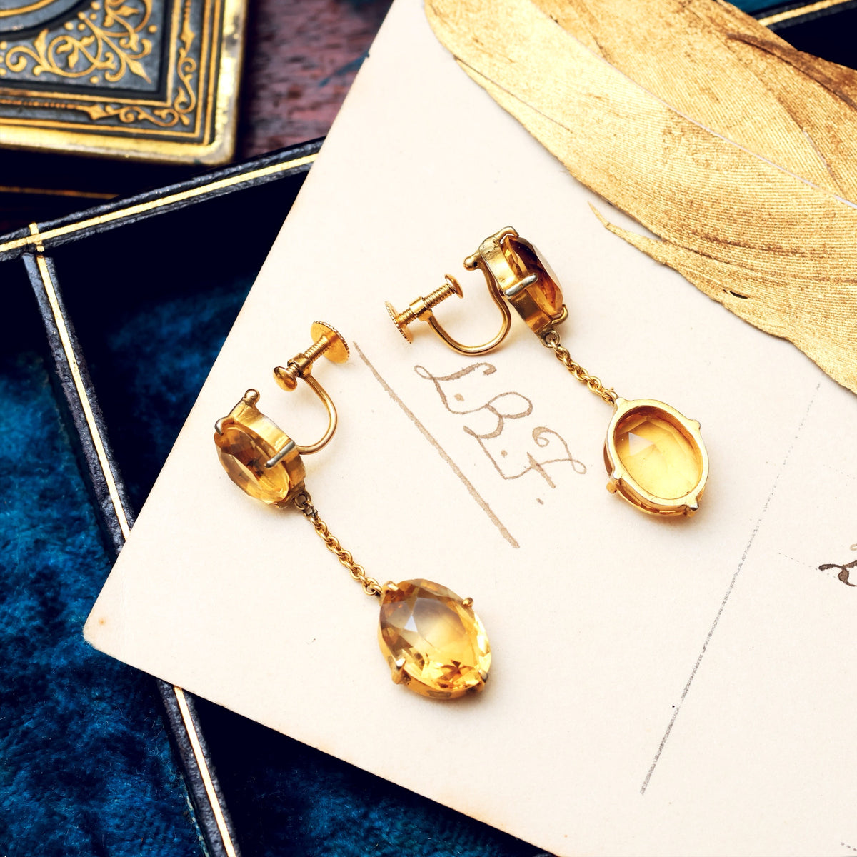 Vintage Glow! Silver Gilt Citrine Drop Earrings