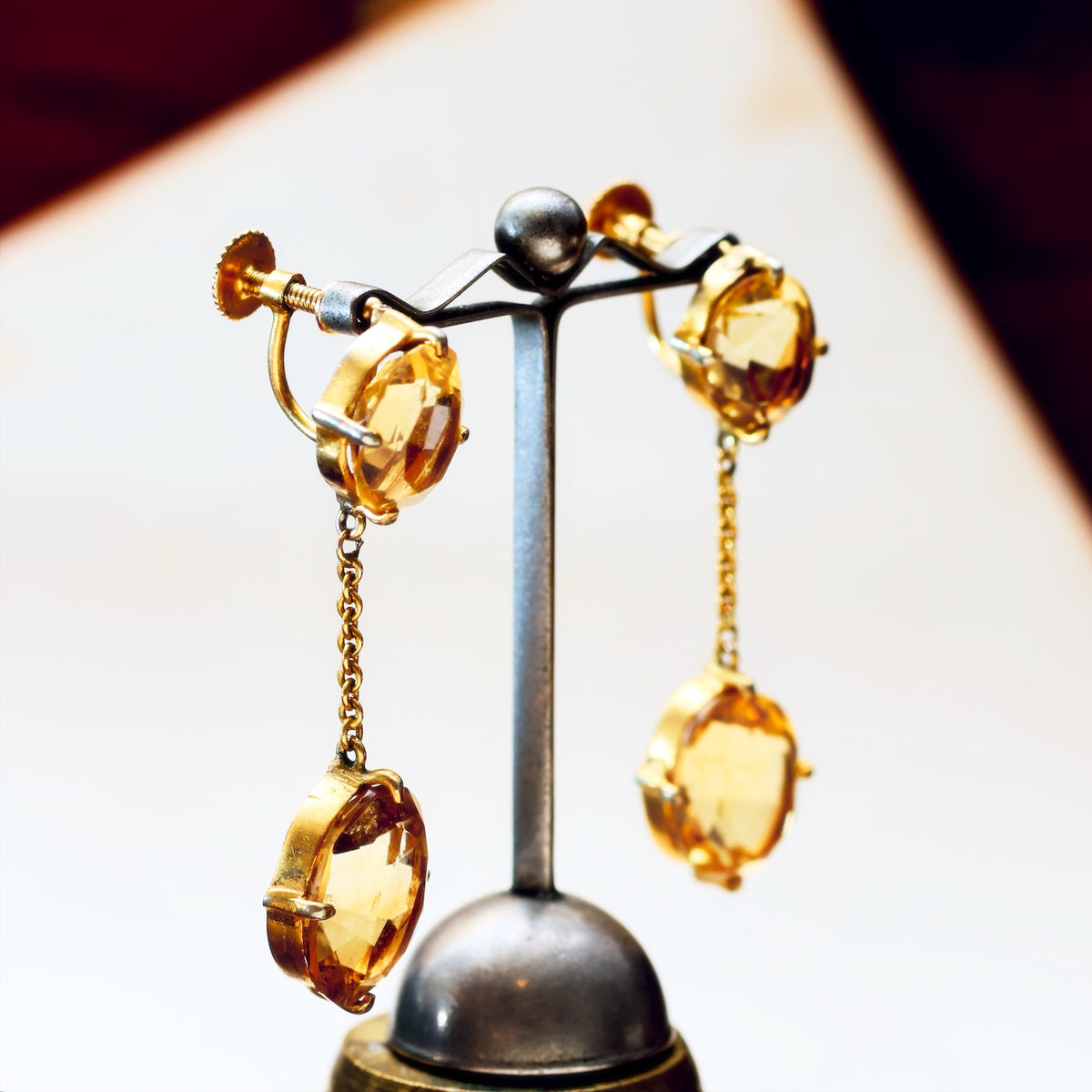 Vintage Glow! Silver Gilt Citrine Drop Earrings