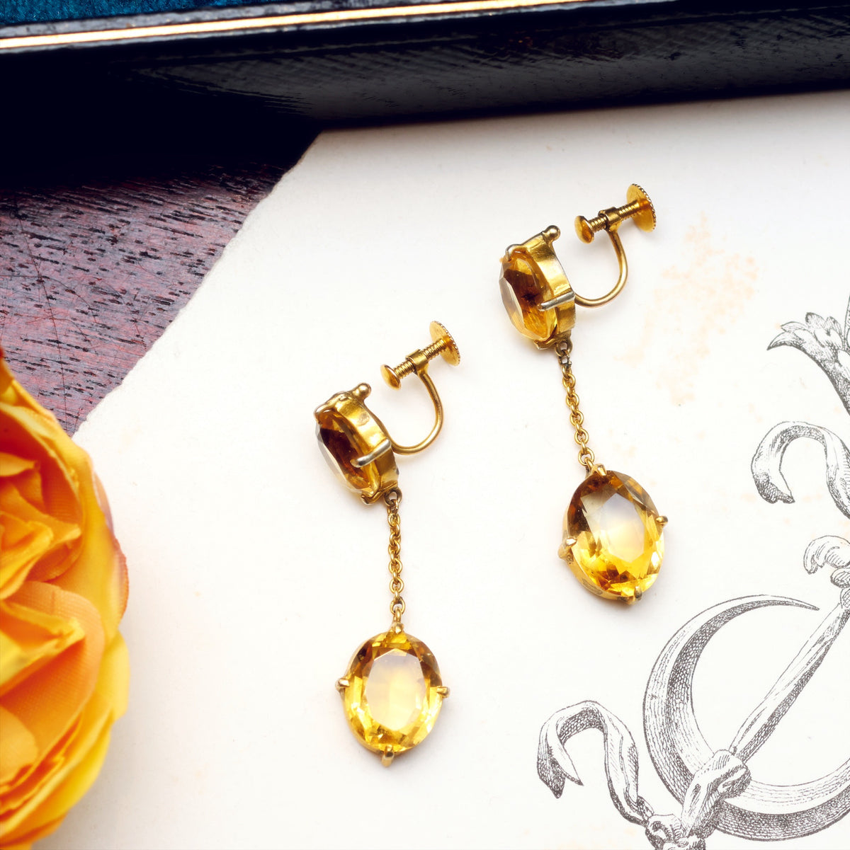 Vintage Glow! Silver Gilt Citrine Drop Earrings