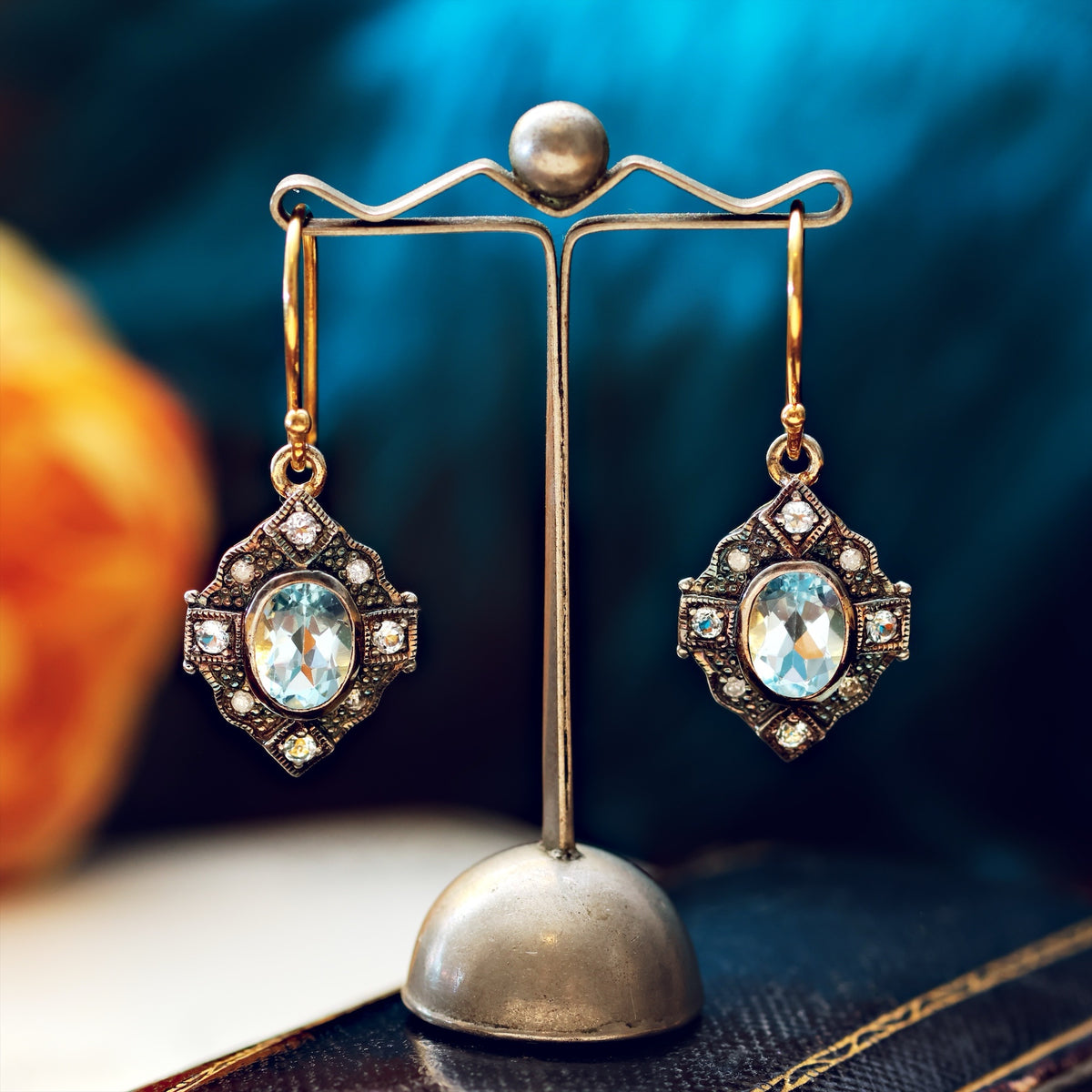 Vintage Edwardian Style Topaz & Diamond Drop Earrings