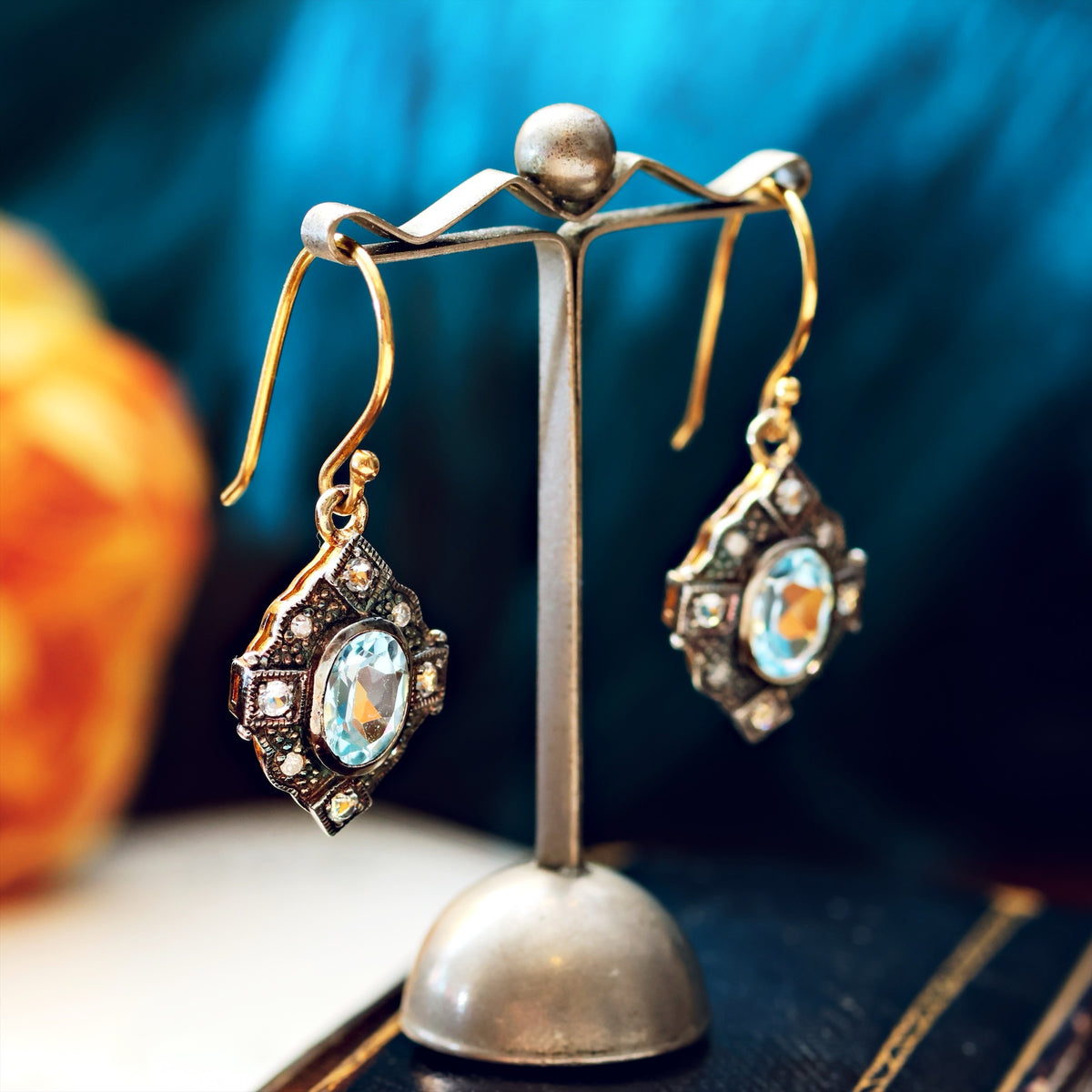 Vintage Edwardian Style Topaz & Diamond Drop Earrings