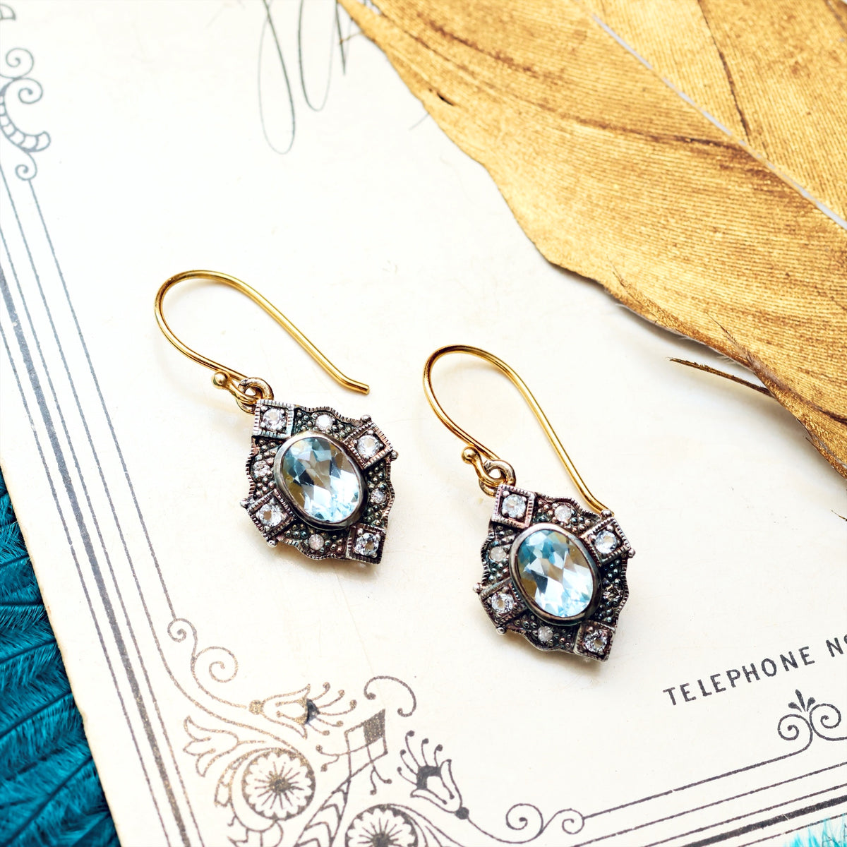 Vintage Edwardian Style Topaz & Diamond Drop Earrings