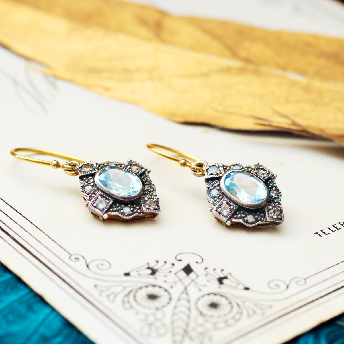 Vintage Edwardian Style Topaz & Diamond Drop Earrings