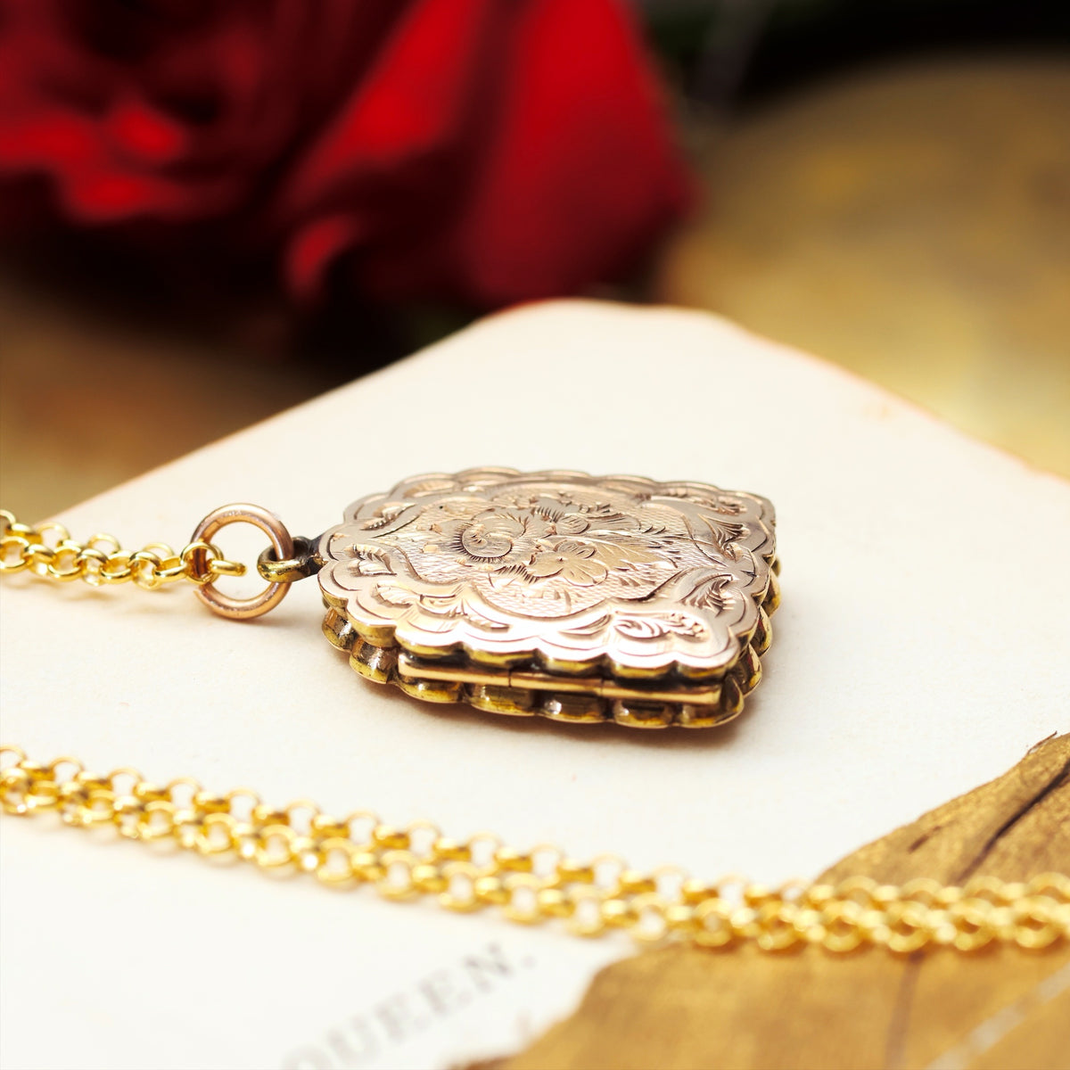 Tiny Adorable Hand Engraved Roses Gold Locket