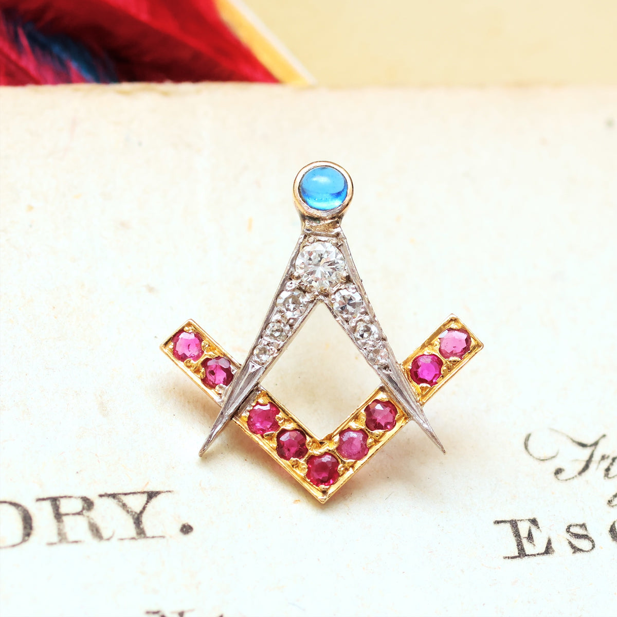 Vintage Jewelled Masonic Square & Compass Pin